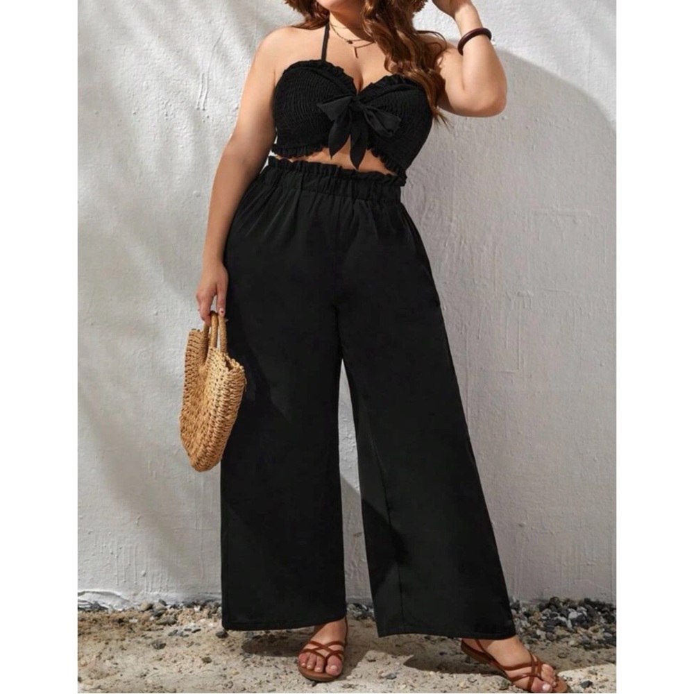 Knot Front Crop Halter Top & Wide Leg Pants